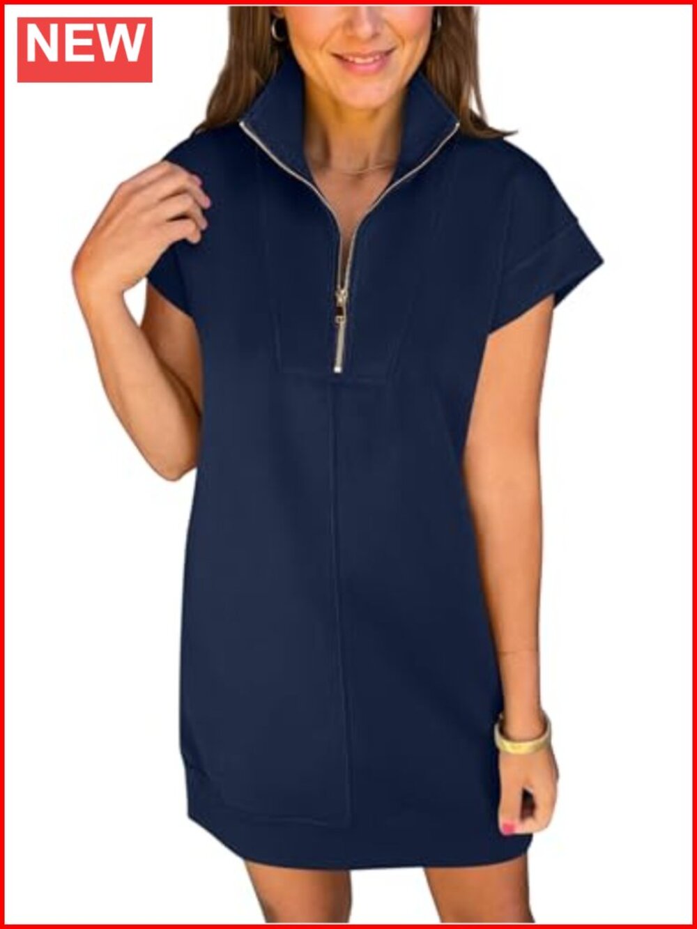 Women's Summer Half Zip Wrinkle-Free Mini Dress Cap Sleeve Casual